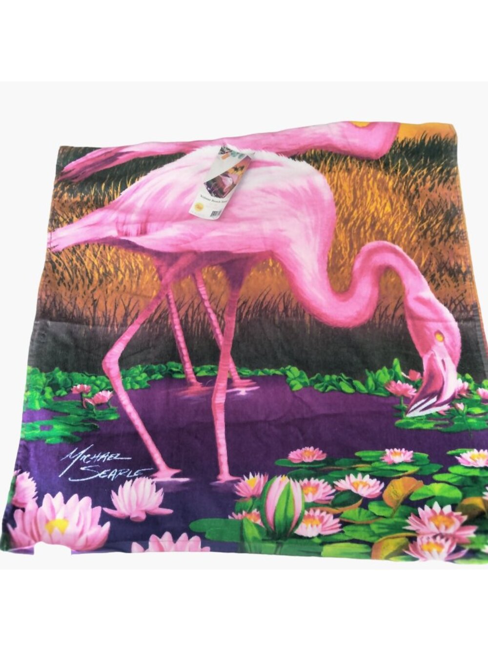 Pink Flamingo Beach Towel Sunset Cotton Velour  30 x 60 Inch Michael Searle